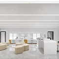 Modern White Service Hall Interior with Curved Sofas Counters Computer Equipment and Ceiling Light Strips 3d model