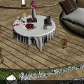 Outdoor Garden Landscape with Wooden Deck Round Table White Tablecloth Sofa Seats Lanterns and Trees