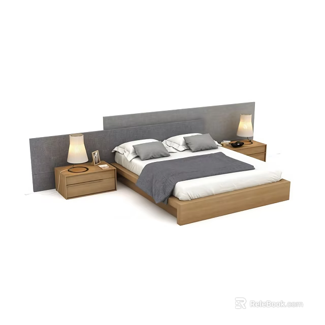 Modern Double Bed With Gray Headboard Wooden Nightstands Table Lamps And Gray Bedding 3d model 