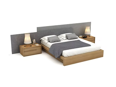 Modern Double Bed With Gray Headboard Wooden Nightstands Table Lamps And Gray Bedding 3d model