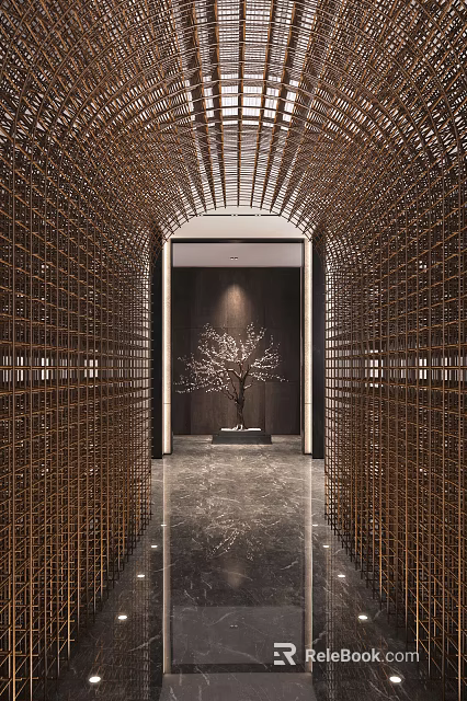 Modern Elevator Hallway With Golden Grilles Arched Door Dark Wall Marble Floor And Decorative Tree 3d model 