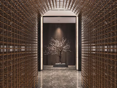 Modern Elevator Hallway With Golden Grilles Arched Door Dark Wall Marble Floor And Decorative Tree 3d model