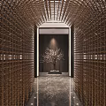 Modern Elevator Hallway With Golden Grilles Arched Door Dark Wall Marble Floor And Decorative Tree