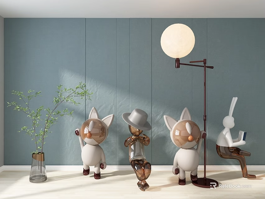 Stuffed Toys Cat Rabbit and Violin Player with Floor Lamp Green Plant on Gray Wall 3d model 