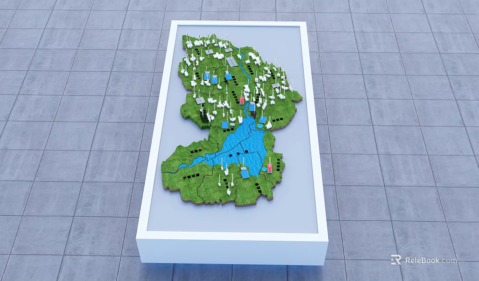 Commercial Equipment For Terrain Model Display With Green Areas Blue Rivers And White Buildings 3d model 