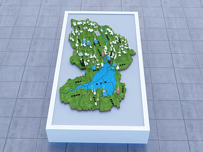 Commercial Equipment For Terrain Model Display With Green Areas Blue Rivers And White Buildings 3d model