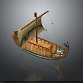 Traditional Wooden Sailing Boat With Tan Sail Wooden Deck And Paddle