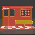 Red Platform Structure With Yellow Bench Red And White Checkered Floor And Circular Signs