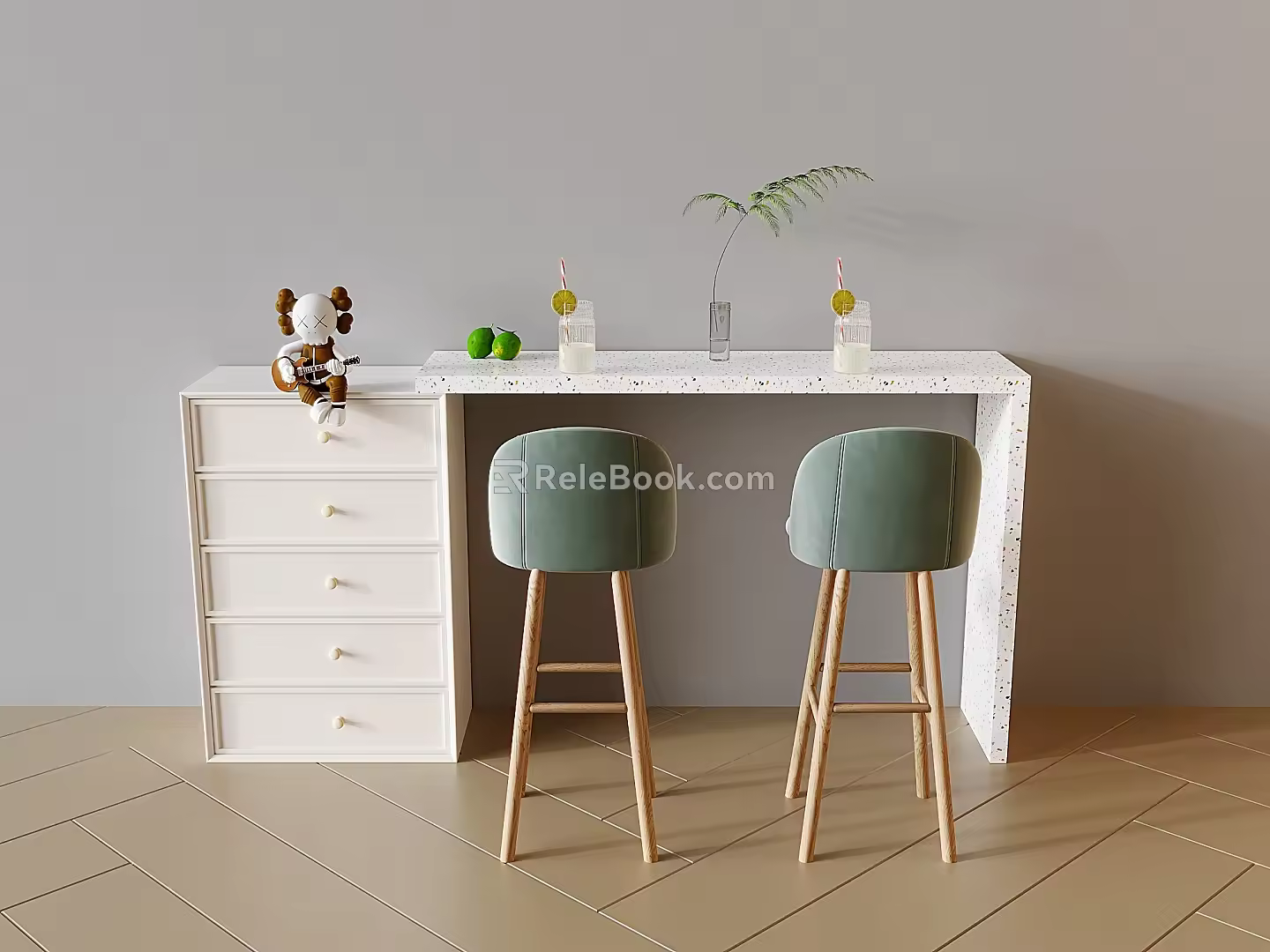 Cream Style Bar Chair Combination Bar Stool Cream Style Sideboard Decorative Cabinet Bucket Cabinet 3d model