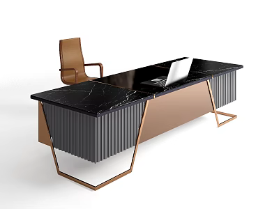 Modern Office Desk With Black Marble Top Gold Frame And Brown Leather Chair 3d model