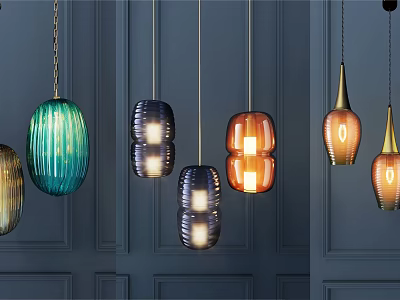 Stylish Glass Pendant Lights with Various Colors Blue Orange Gold Hanging Against Dark Wall 3d model