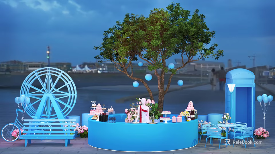 Top Outdoor Photo Check In Spot With Blue Circular Bar Decorative Tree Balloons And Desserts 3d model 
