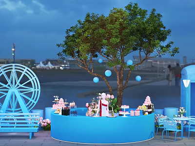 Top Outdoor Photo Check In Spot With Blue Circular Bar Decorative Tree Balloons And Desserts 3d model