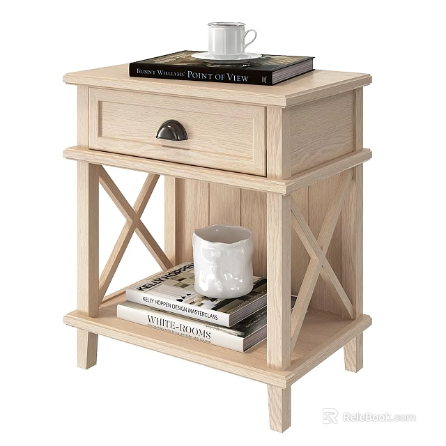 Natural Wood Storage Cabinet With Drawer Open Shelf And Books 3d model 