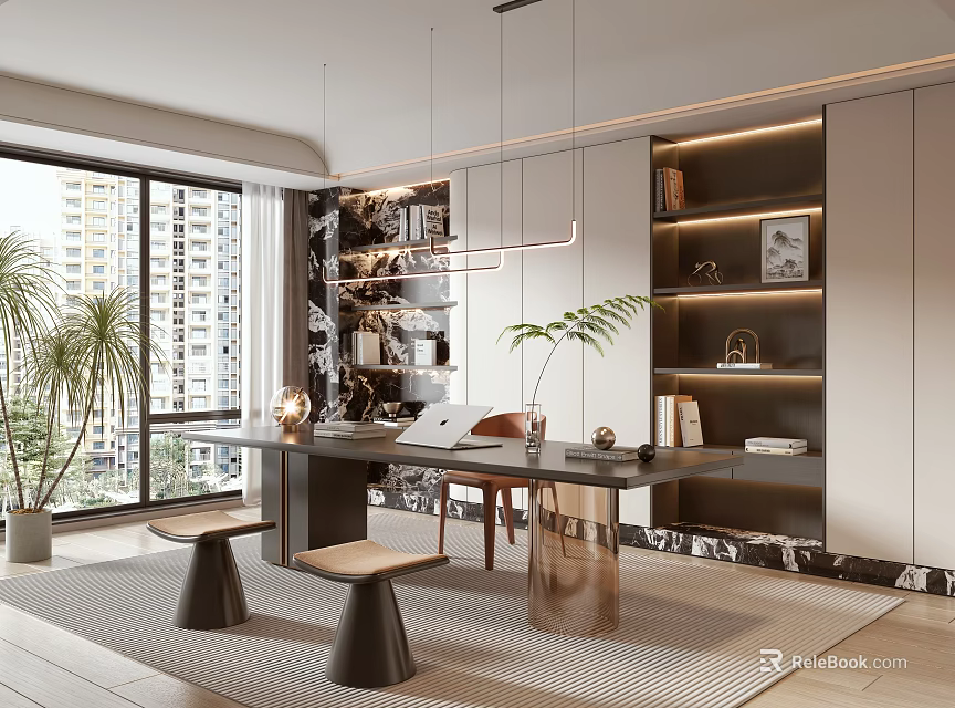 Modern Study Room Interior With Large Windows City View Writing Desk Green Plants And Bookshelves 3d model 
