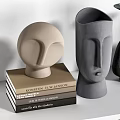 Modern Decorative Ornament Combination with Abstract Sculptures Vases Dried Pampas Grass and Books on Shelf