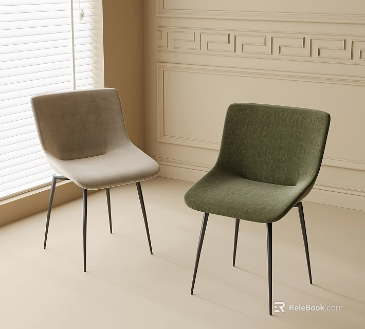 Grey Green Upholstered Dining Chairs With Black Slim Legs In Modern Light Wall Setting 3d model 