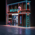 Modern Storefront with Neon Lights with u Sign Welcome Entrance SPACE Text and Pink Mascot