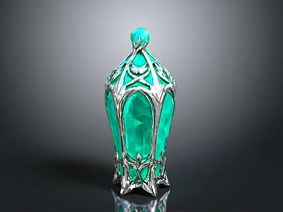 Elegant Green Vase With Intricate Silver Filigree And Top Green Gemstone 3d model