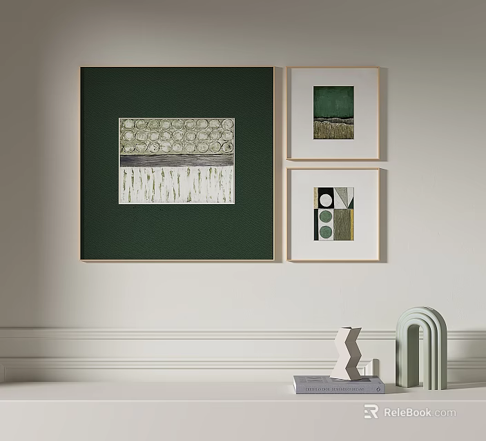 Green Wall Art with Framed Decorative Paintings and Modern Decor Objects 3d model