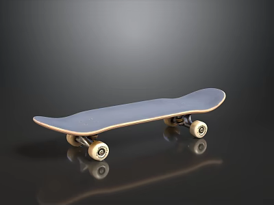 Blue Skateboard Deck With Wooden Edges And White Wheels On Dark Background 3d model