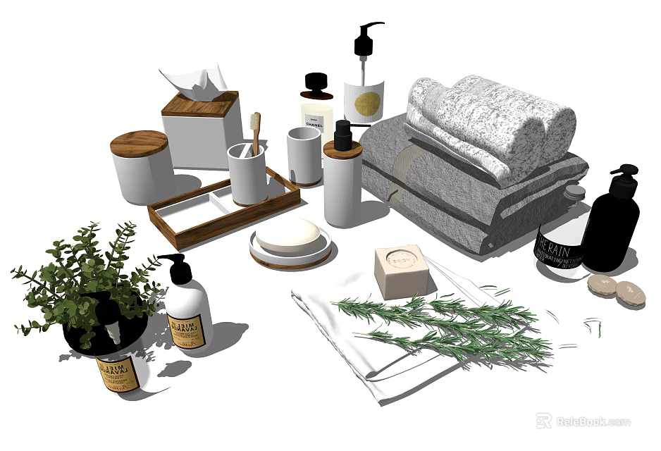 Essential Stylish Bathroom Accessories with Soft Towels Soap Dispensers Aromatherapy Candles and Green Plants 3d model 