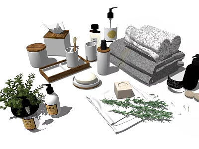 Essential Stylish Bathroom Accessories with Soft Towels Soap Dispensers Aromatherapy Candles and Green Plants 3d model