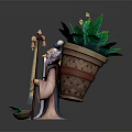 Oriental Traditional Elderly Game Movie Character With Long Beard Carrying Bag Holding Scroll Green Plants