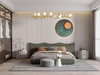 Modern Bedroom Interior With Green Headboard Round Decorative Painting Gold Chandelier Nightstands And Soft Rug 3d model
