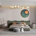 Modern Bedroom Interior With Green Headboard Round Decorative Painting Gold Chandelier Nightstands And Soft Rug