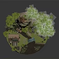 Miniature Natural Scene With Windmill Green Trees Small Houses And Stone Bridge