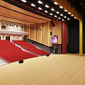 Banquet Hall Interior With Red Seats Stepped Rows Wooden Stage And Lighting Fixtures