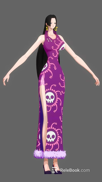 Female Character In Purple Qipao With Pink Patterns Skull Design And Slit Pose 3d model 