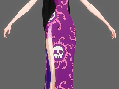 Female Character In Purple Qipao With Pink Patterns Skull Design And Slit Pose 3d model