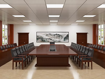 Conference Room Interior With Long Wooden Table Black Chairs Large Windows And Landscape Painting 3d model