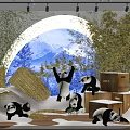 Public Office Area Interior With Pandas Hay Stacks Wooden Crates And Snowy Mountain Bamboo Backdrop