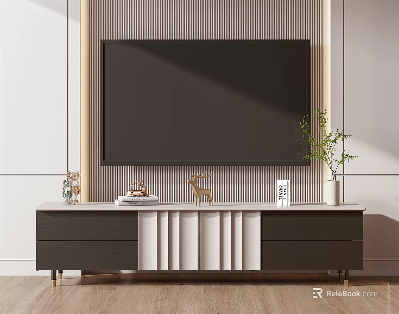 Modern TV Stand With Drawers Cabinet Doors And Decorative Deer Figurine Vase Plant 3d model 