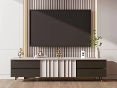 Modern TV Stand With Drawers Cabinet Doors And Decorative Deer Figurine Vase Plant 3d model