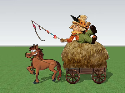Scarecrow With Hat On Haystack Horse Cart Pulled By Cheerful Brown Horse 3d model