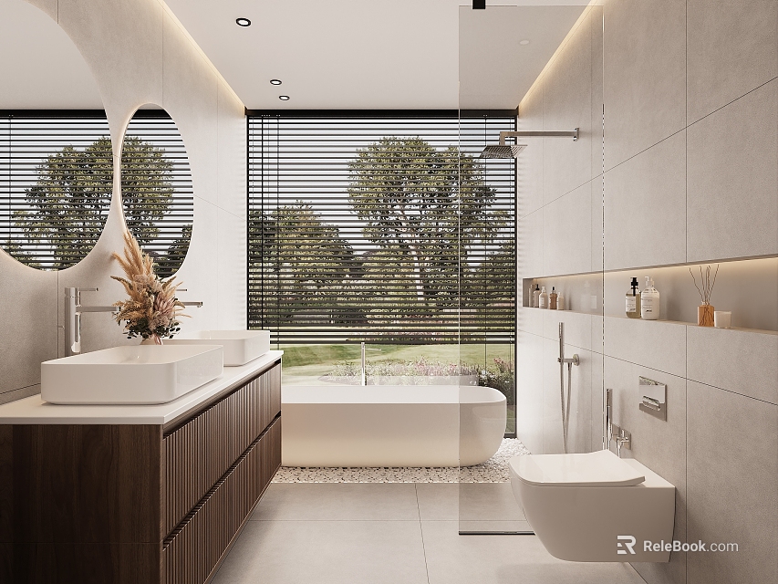 Modern Bathroom Interior Design With Double Vanity Wooden Cabinets Round Mirror Bathtub And Outdoor Greenery 3d model 