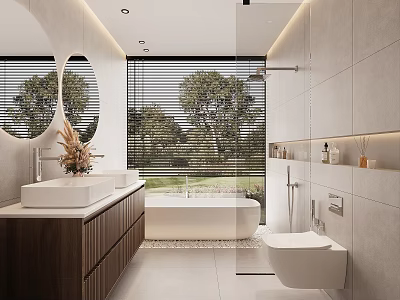 Modern Bathroom Interior Design With Double Vanity Wooden Cabinets Round Mirror Bathtub And Outdoor Greenery 3d model