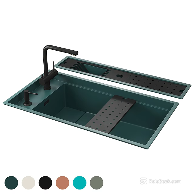 Green Double Bowl Kitchen Sink With Black Faucet And Draining Board 3d model 