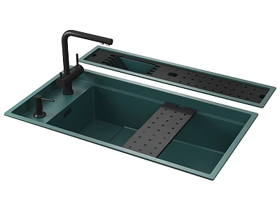 Green Double Bowl Kitchen Sink With Black Faucet And Draining Board 3d model