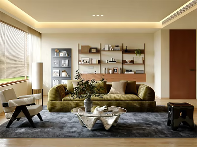 Bright Warm Contemporary Living Room With Comfortable Velvet Sofa And Natural Soft Lighting Stylish Shelves 3d model