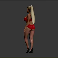 Blonde Woman in Red Lingerie Standing Against Gray Background with High Heels