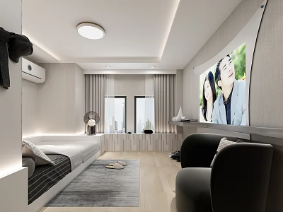 Modern Studio Apartment Interior With White Bed Large Screen TV And Black Armchair 3d model
