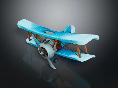 Vintage Blue Biplane With Wooden Struts Propeller And Detailed Side View Design 3d model