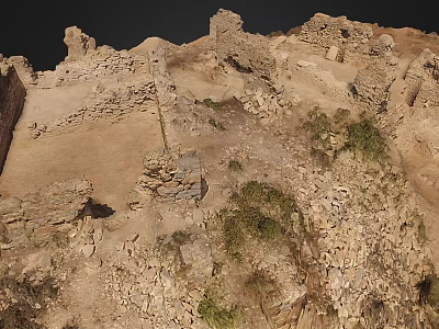 Ancient Historical Ruins Featuring Stone Walls Dirt Ground And Scattered Vegetation 3d model