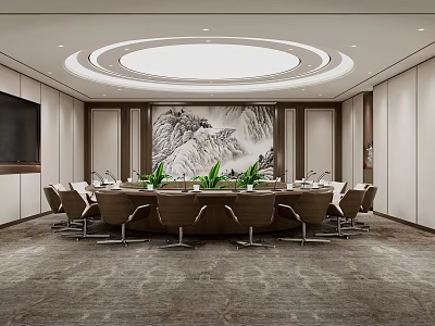 Modern Conference Room Interior Design With Round Table Comfortable Chairs Circular Lighting And Landscape Art 3d model