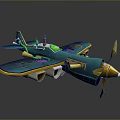 Colorful Toy Airplane Model With Blue Body Green Accents And Gold Propeller